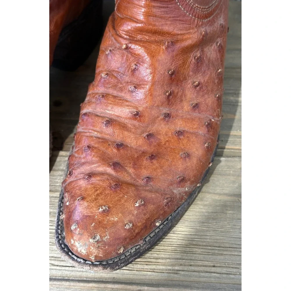 VTG El Rey Tony Lama Ostrich Full Quill Western Cowboy Boots Mens 8 Brown